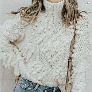 NWT Chic Wish ChicWish Knit Your Love Turtleneck Pom Heart Sweater Cream Sz S/M